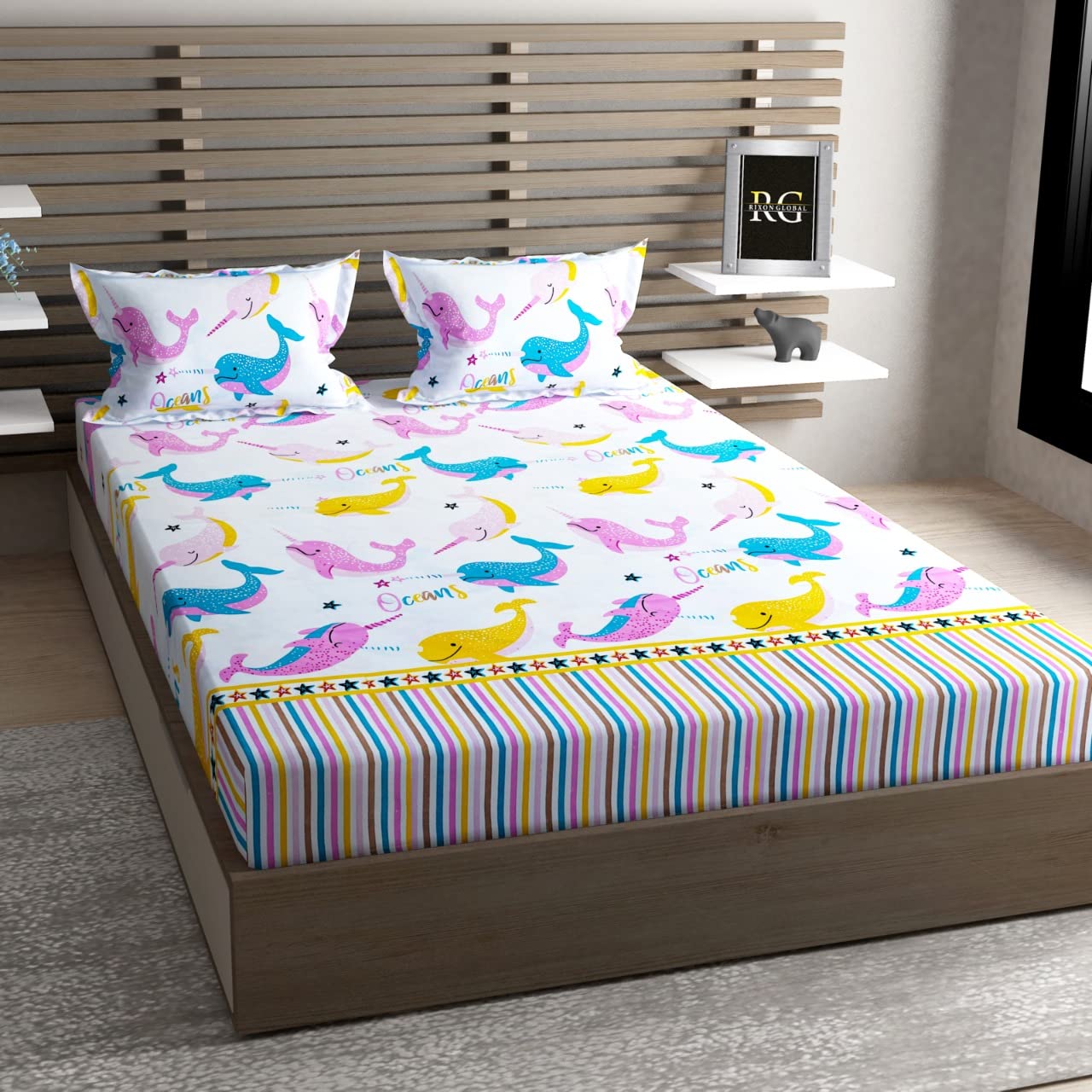 King Size 3D Printed Elastic Fitted Bedsheet Set – 160 GSM | Unisex Kids Design