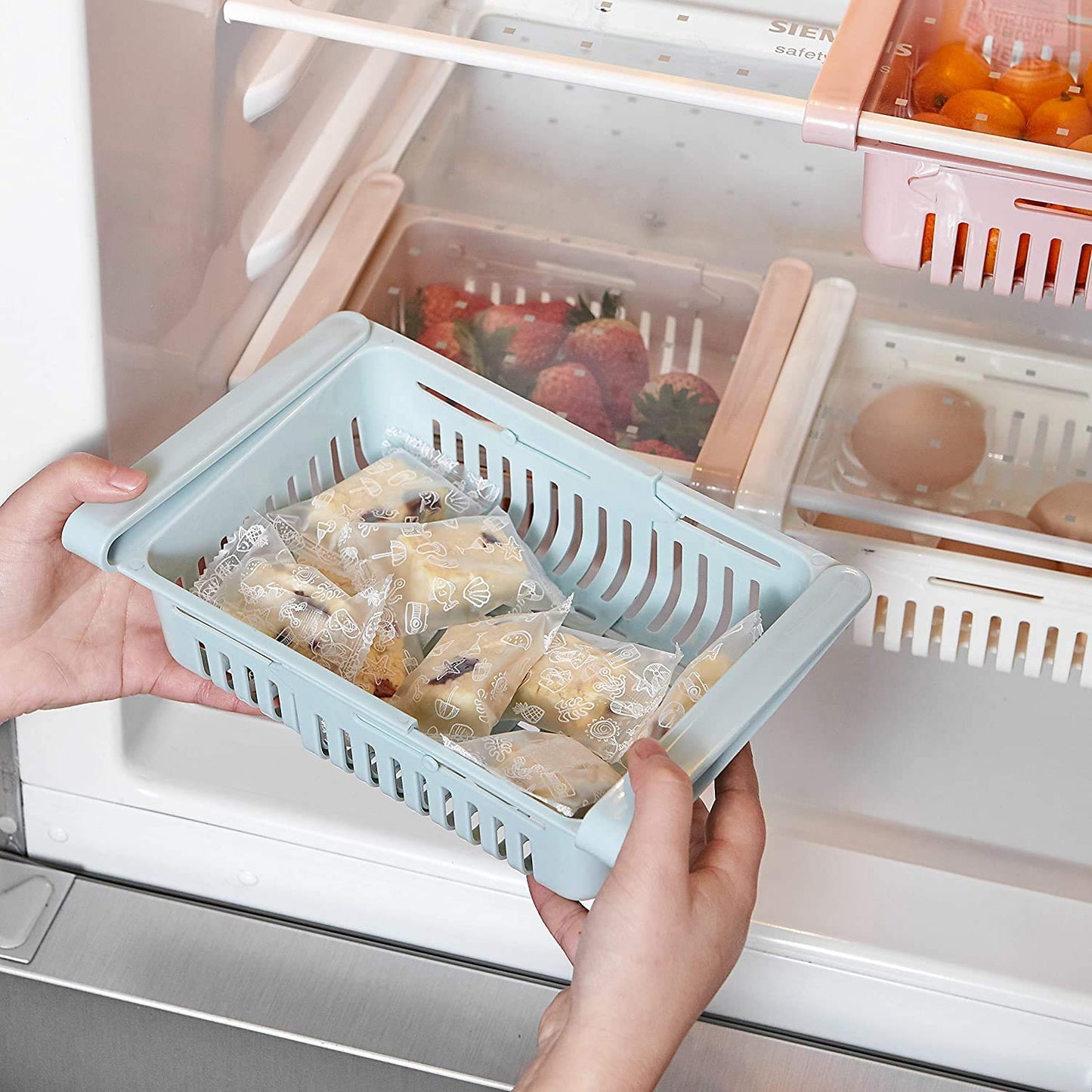 Expandable Fridge Storage Saver Rack Under Shelf Refrigerator Sliding Drawer Fruit Vegetable Egg Chocolate Organizer (4 Pieces)