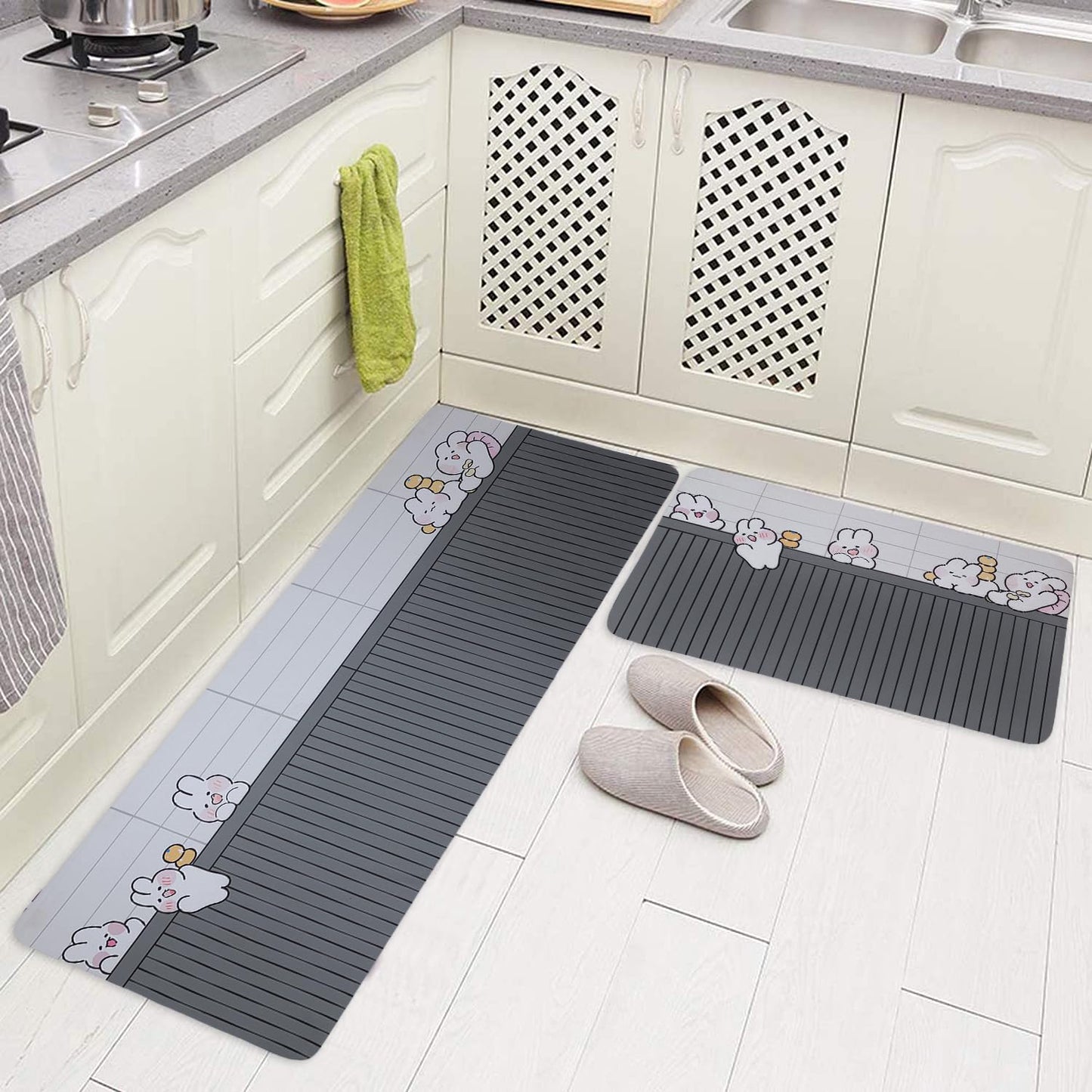 Stylish Anti-Slip Rubber Kitchen Mat – Pack of 2 (Bunnies Grey)