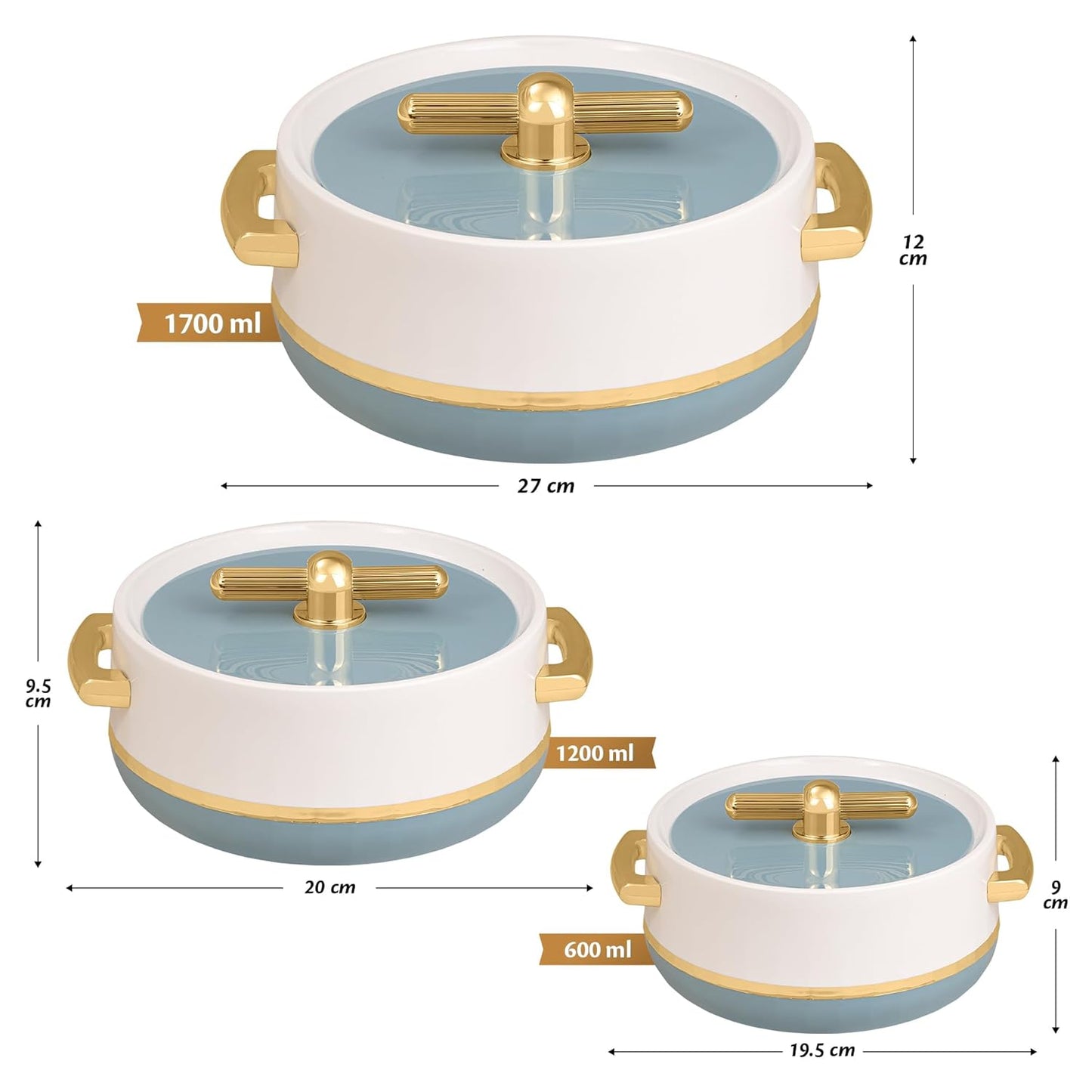 Elegance Royal Sky Blue Inner Steel Casserole Set of 3 (1700ml, 1200ml, 600ml)