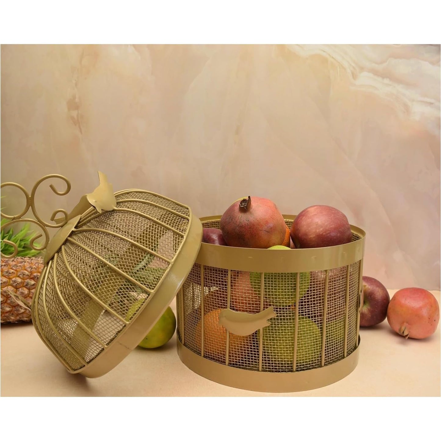 Brass Finished Metal Mesh (Jaali) Fruit Basket with  Lid Countertop Ideal for Storing Fruits, Vegetables