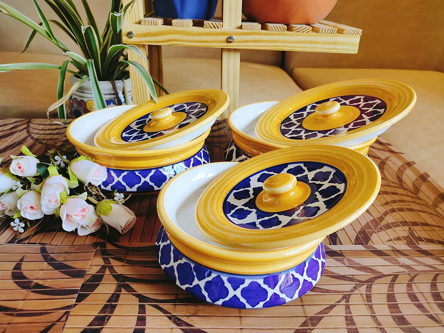 Stoneware Handmade Ceramic Handpainted Multipurpose Storage Ceramic Jars & Containers with Lid (Yellow)