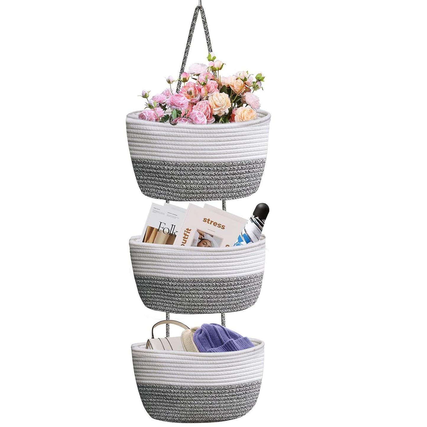 Hanging Basket Large 3 Tier Storage Bag for Indoor Tabletop Bathroom Bedroom Hanging Basket