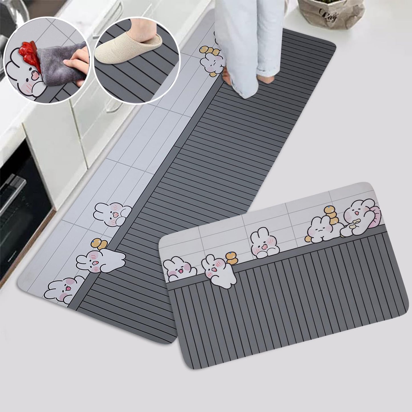 Stylish Anti-Slip Rubber Kitchen Mat – Pack of 2 (Bunnies Grey)