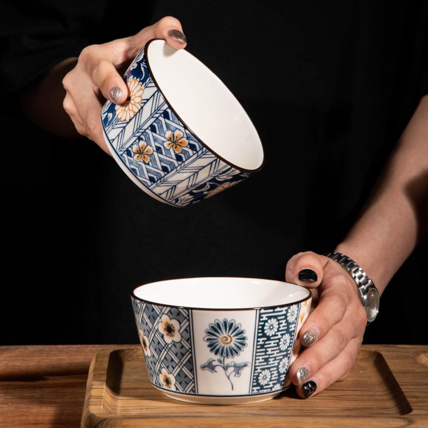 Japanese Style Ceramic Snack Bowls-400ml, Handcrafted Floral & Geometric Patterns (Pack of 4)