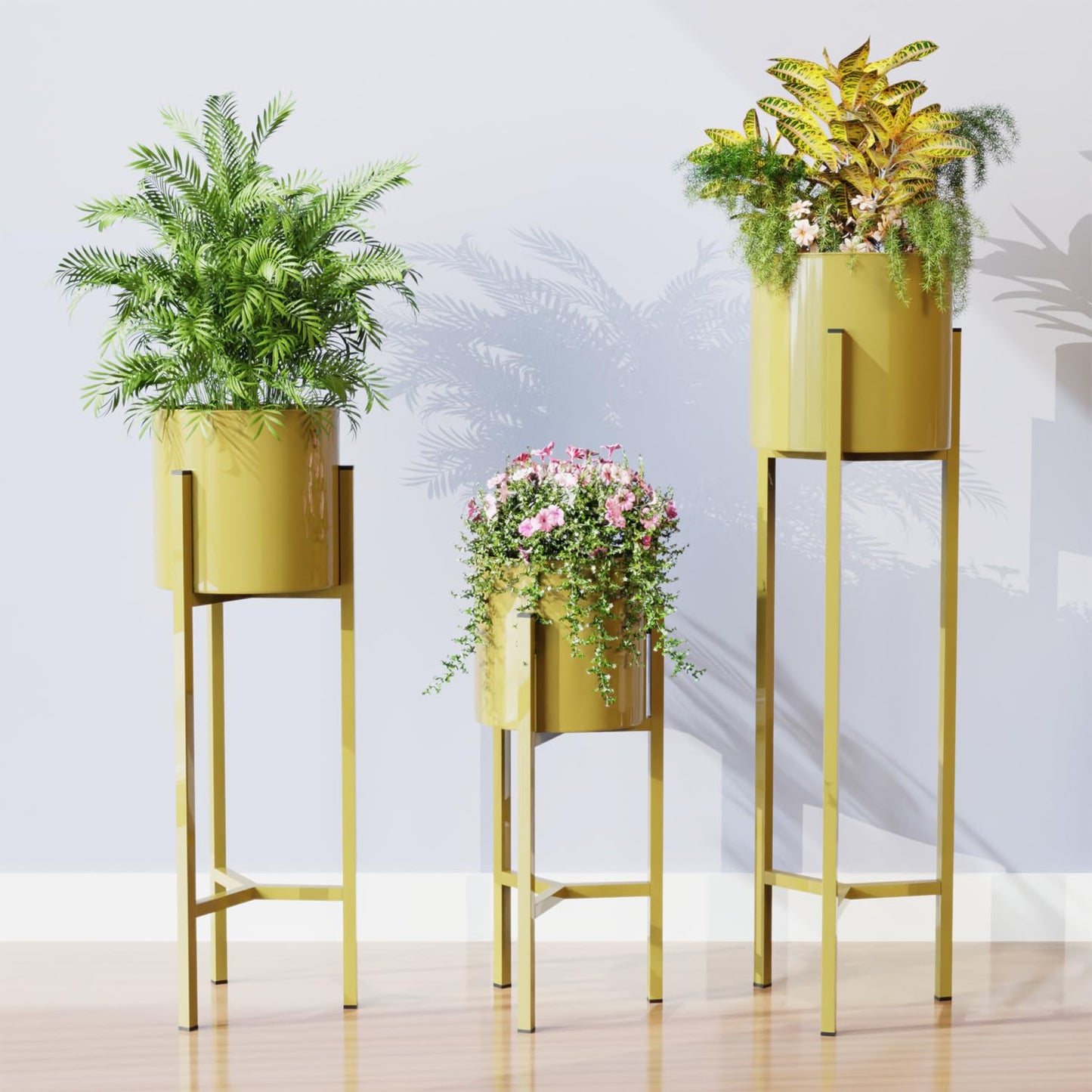 Golden Elegance Metal Tall Planter Stands with Pots  – Set of 3