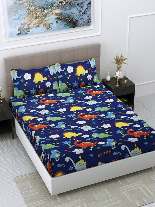 Dino Cartoon Super soft Kids Cotton Double Bedsheet Set