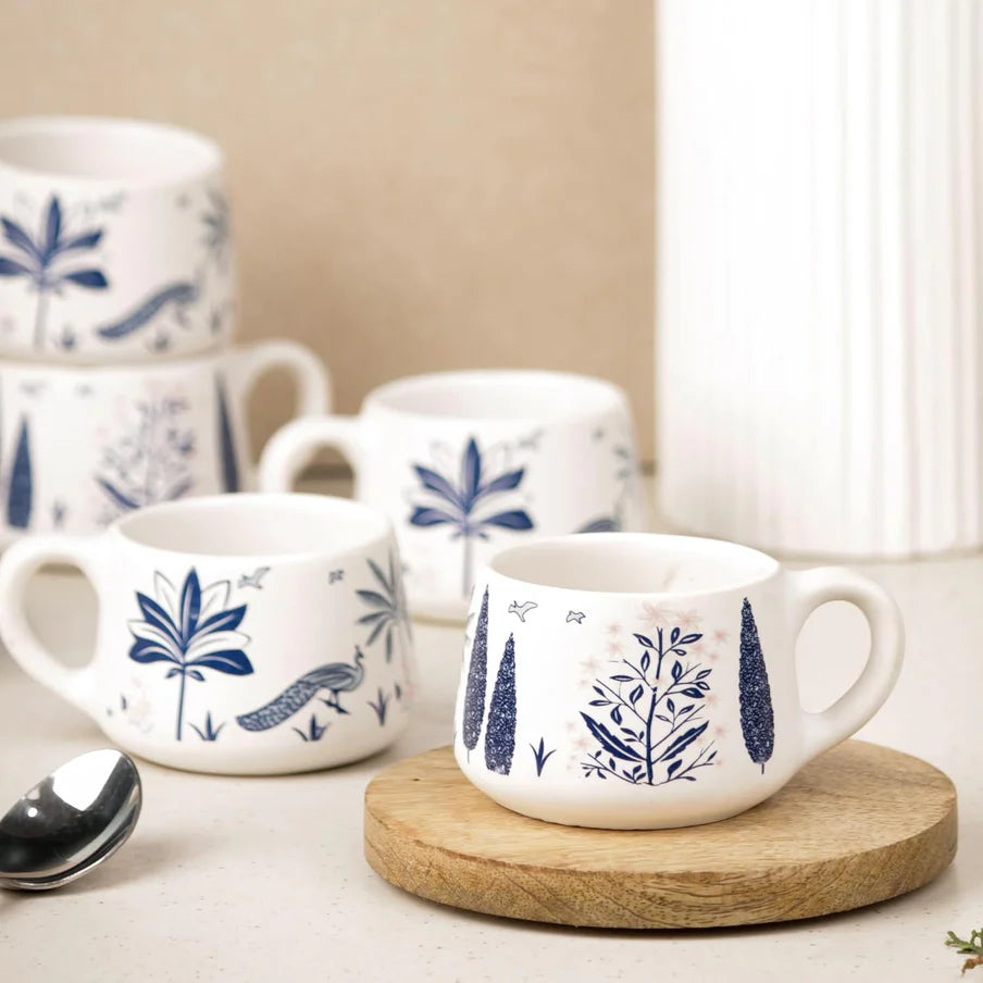 Blue Floral Design Ceramic Coffee Mugs  (Set of 6, 150ml)