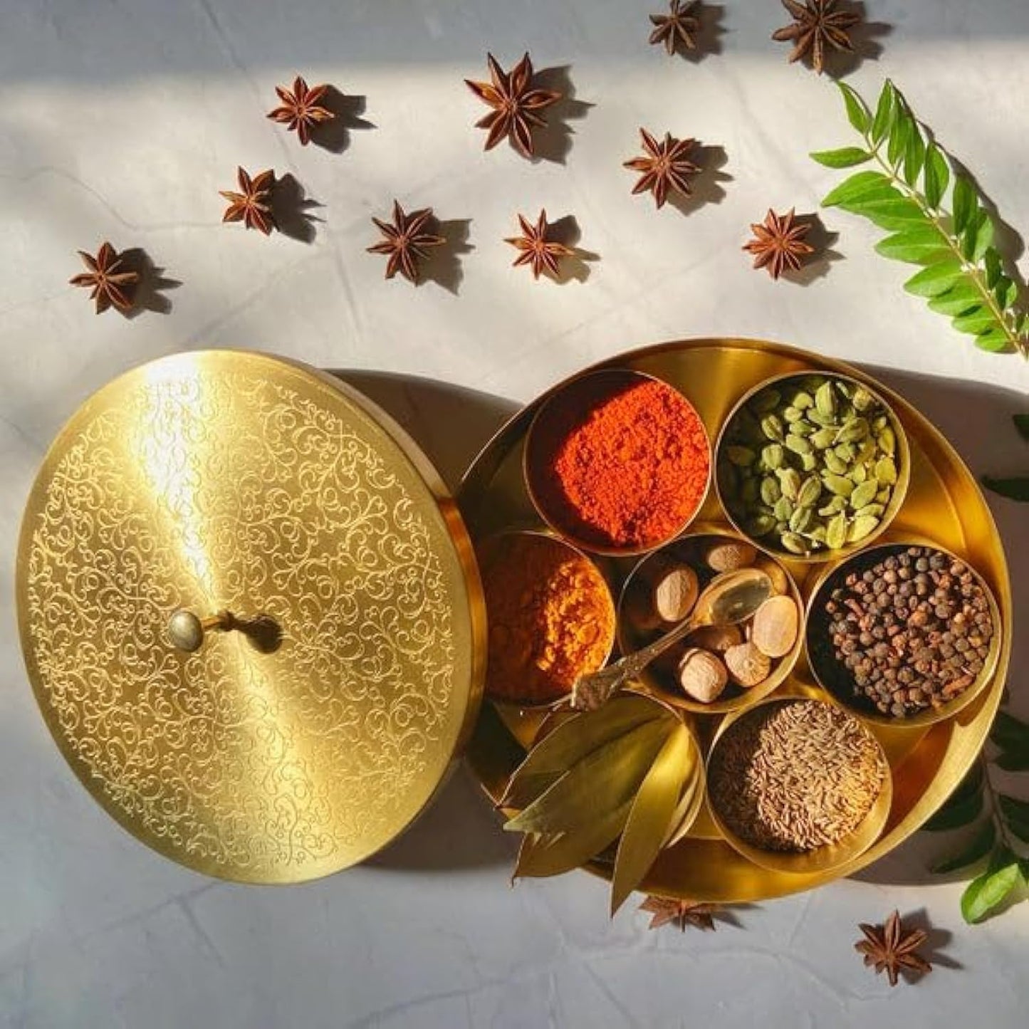 Floral- Metal -Etched Spice Box Set For Kitchen With Spoon Spice Box Set For Kitchen (7 Containers, 40 ML)