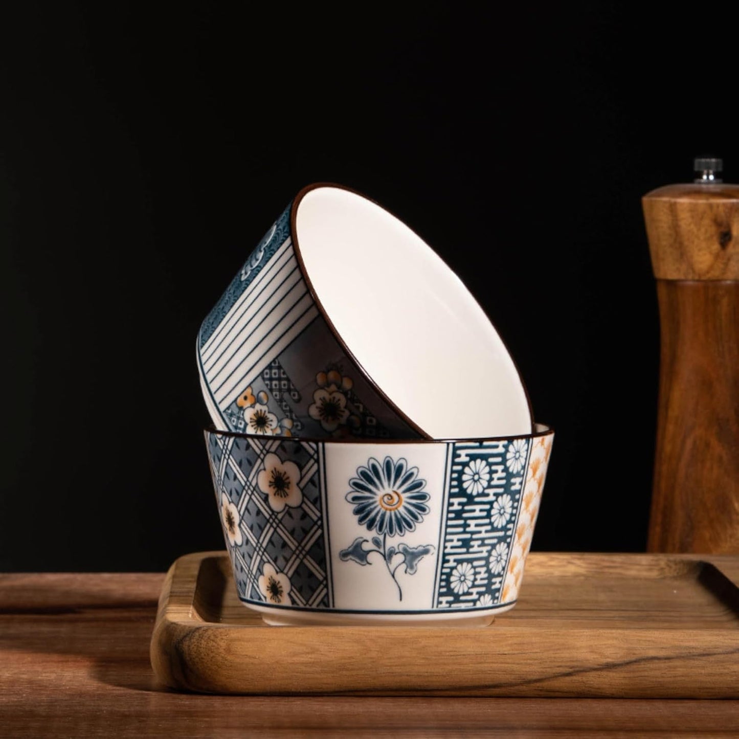 Japanese Style Ceramic Snack Bowls-400ml, Handcrafted Floral & Geometric Patterns (Pack of 4)