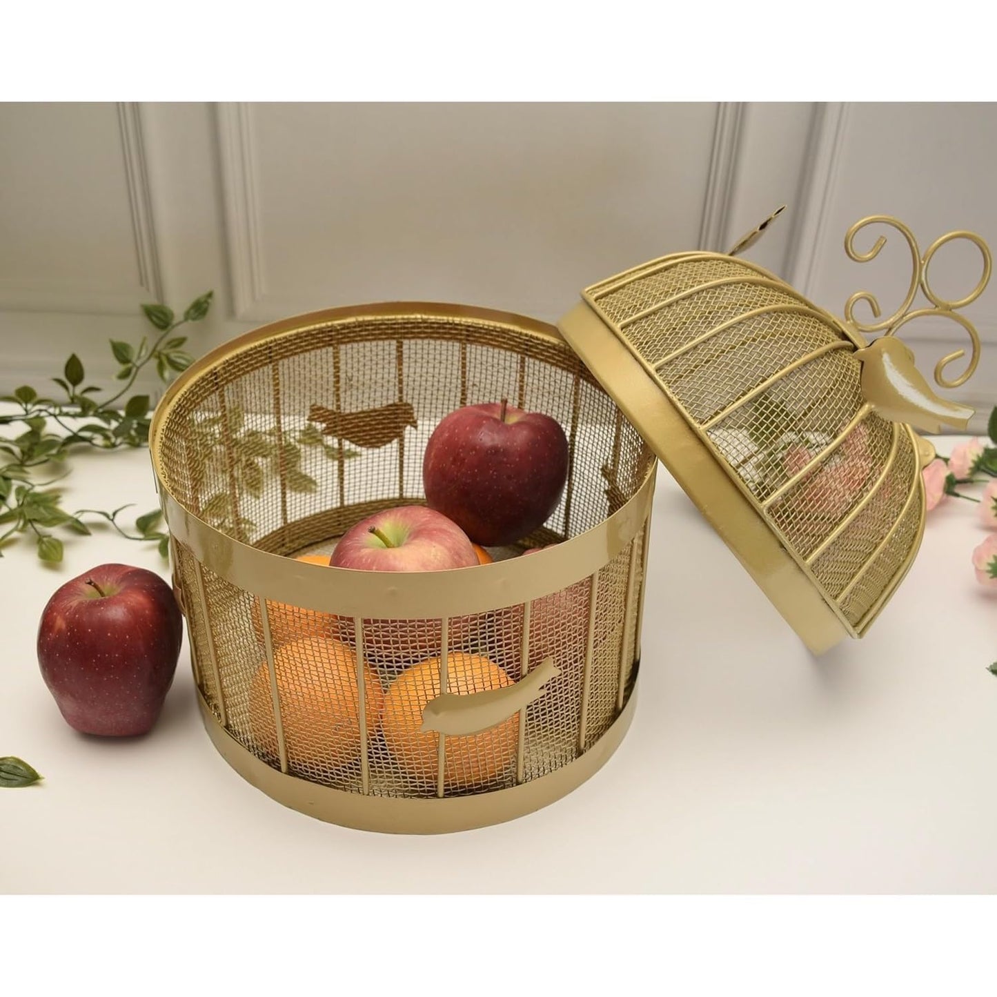 Brass Finished Metal Mesh (Jaali) Fruit Basket with  Lid Countertop Ideal for Storing Fruits, Vegetables