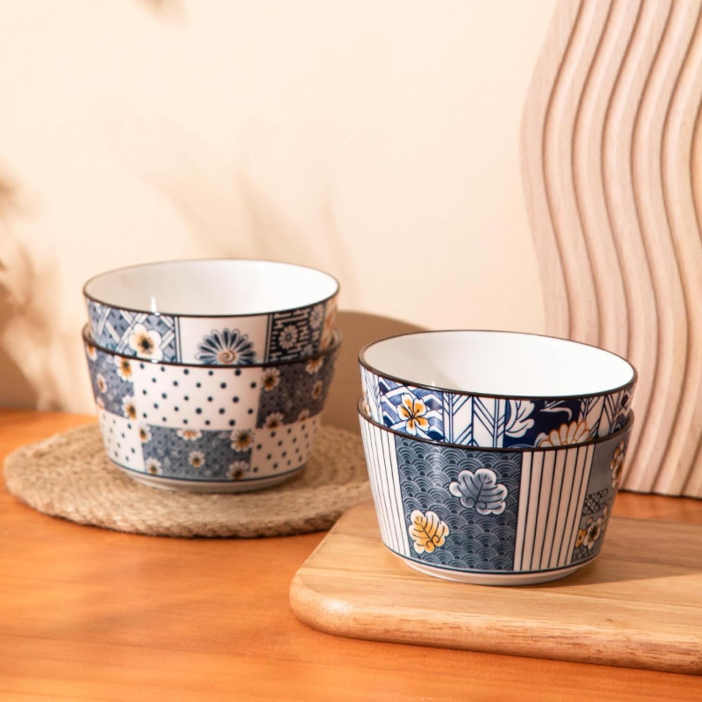Japanese Style Ceramic Snack Bowls-400ml, Handcrafted Floral & Geometric Patterns (Pack of 4)