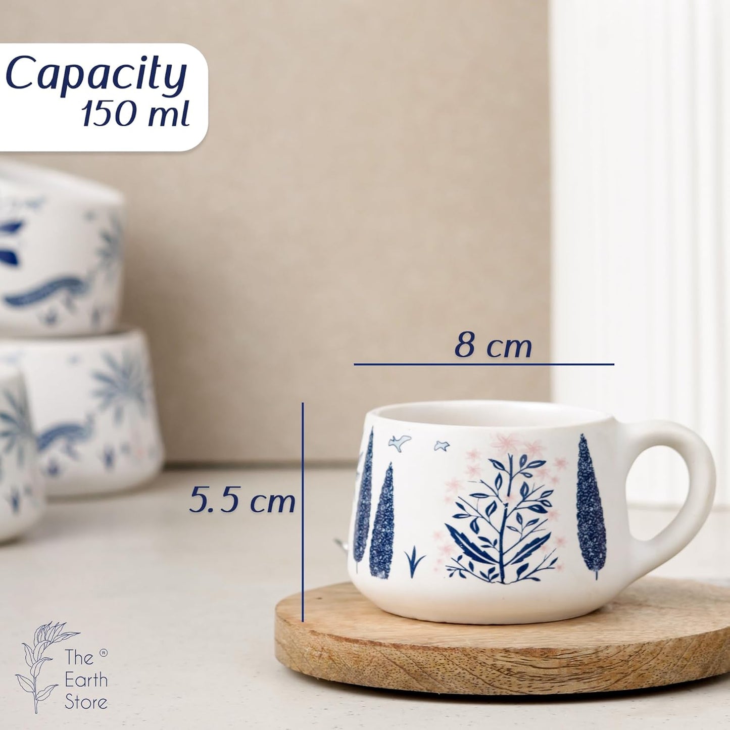 Blue Floral Design Ceramic Coffee Mugs  (Set of 6, 150ml)