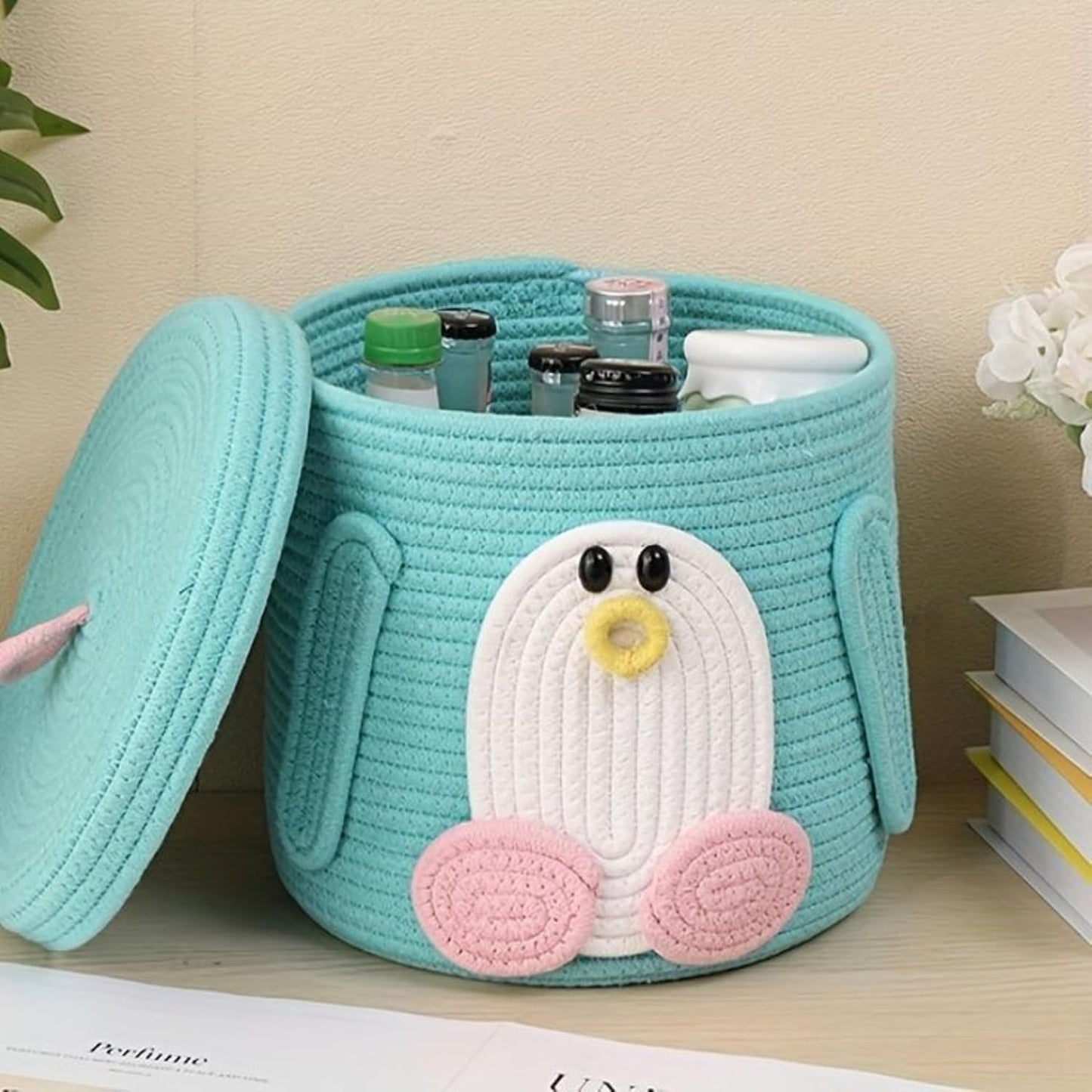 Cotton Rope Woven Storage Basket With Lid, Fabric Bucket With Cover, Clothes Toys Organizer For Kid's Room