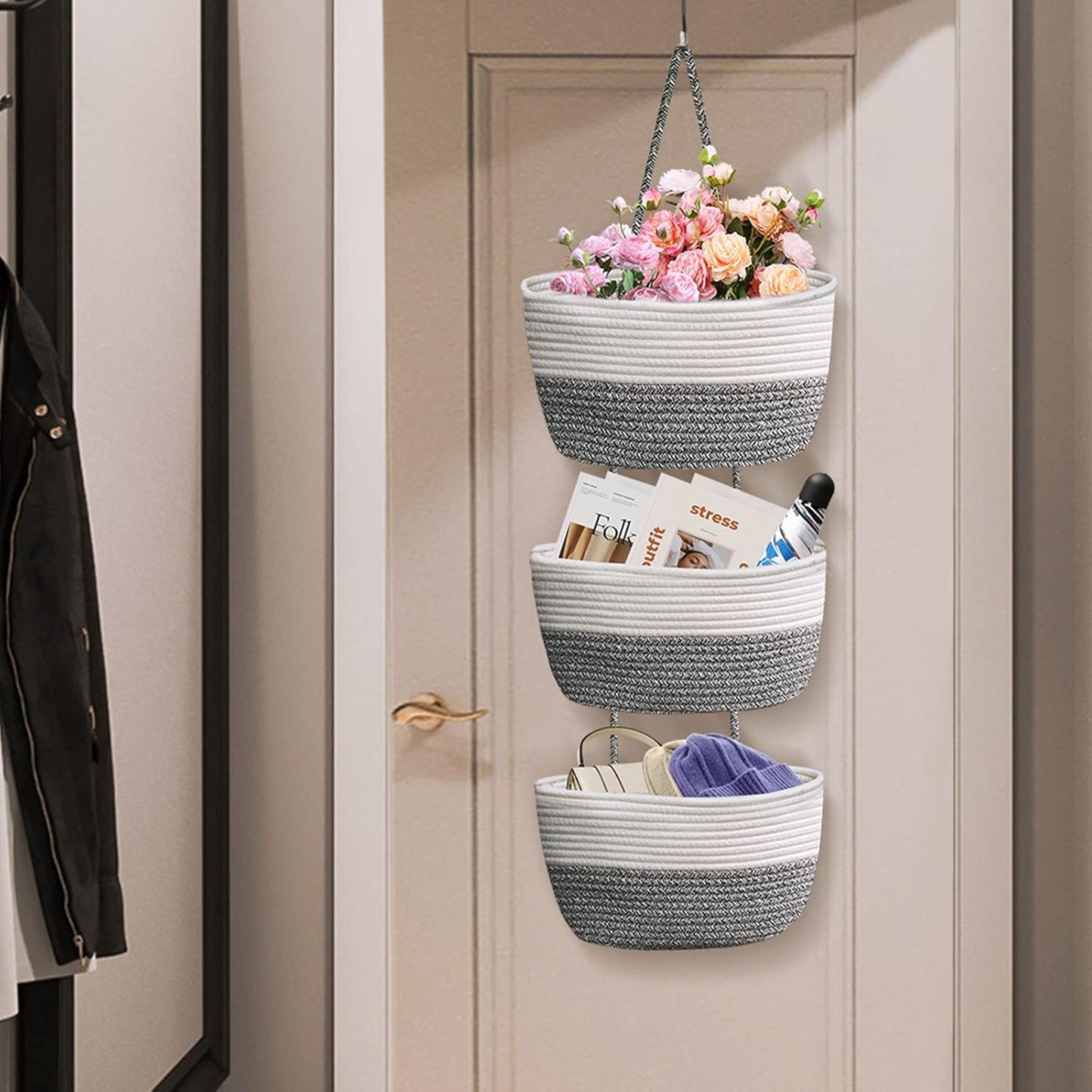 Hanging Basket Large 3 Tier Storage Bag for Indoor Tabletop Bathroom Bedroom Hanging Basket
