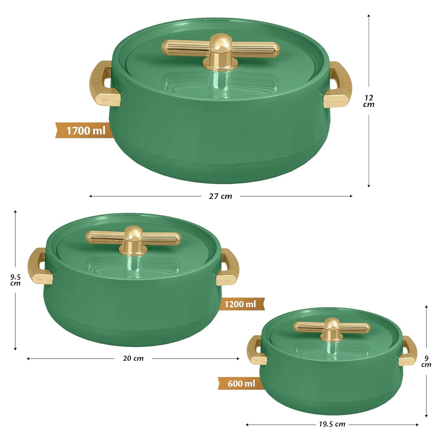 Elegance  Royal Sea Green Inner Steel Casserole Set of 3 (1700ml, 1200ml, 600ml)