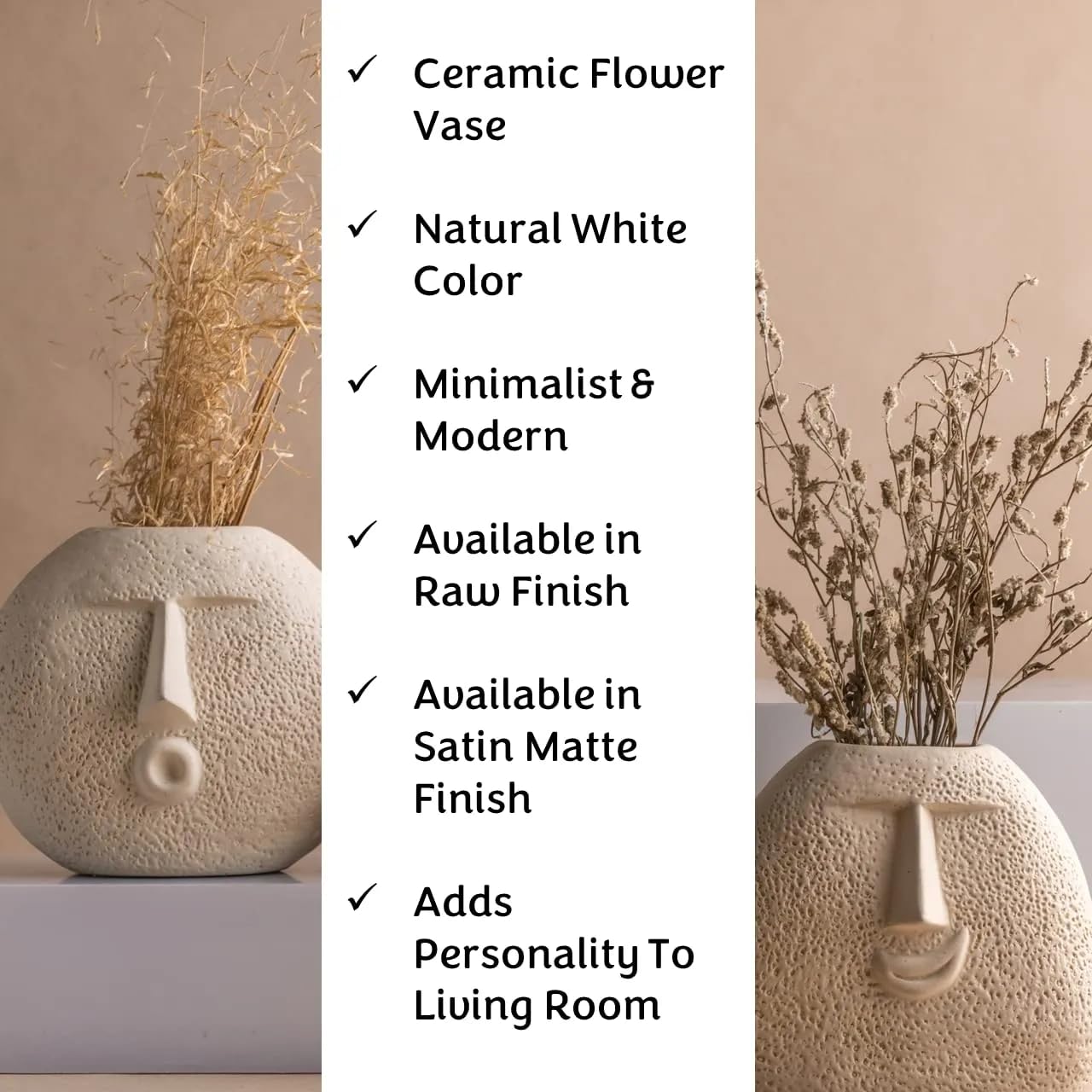 Malaikah Artistic Face-Shaped Ceramic Vase Set β White (Pack of 2)