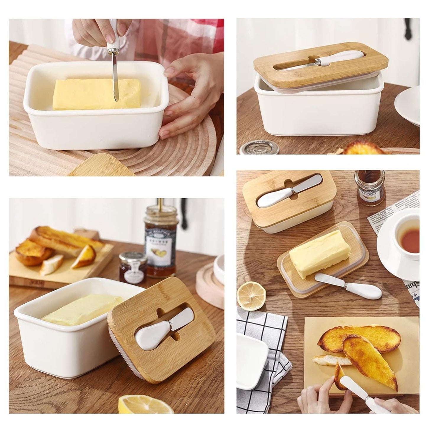 Ceramic Butter Dish with Wooden Lid with Steal Butter Knife, Bamboo Cover and Silicone Sealing Ring (White)