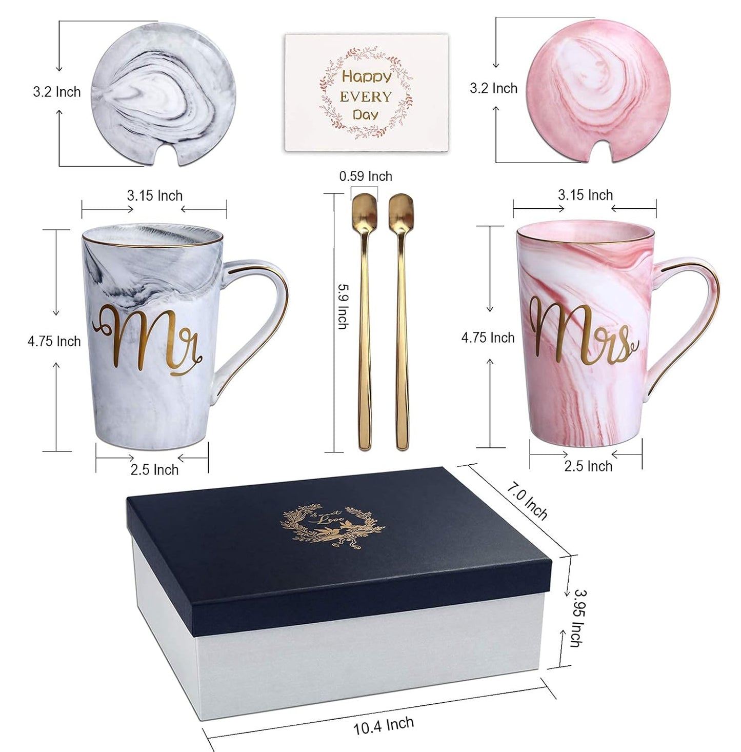 Mr. & Mrs. Ceramic Marble Finish Coffee Mug with Lid & Spoon (380 ml)
