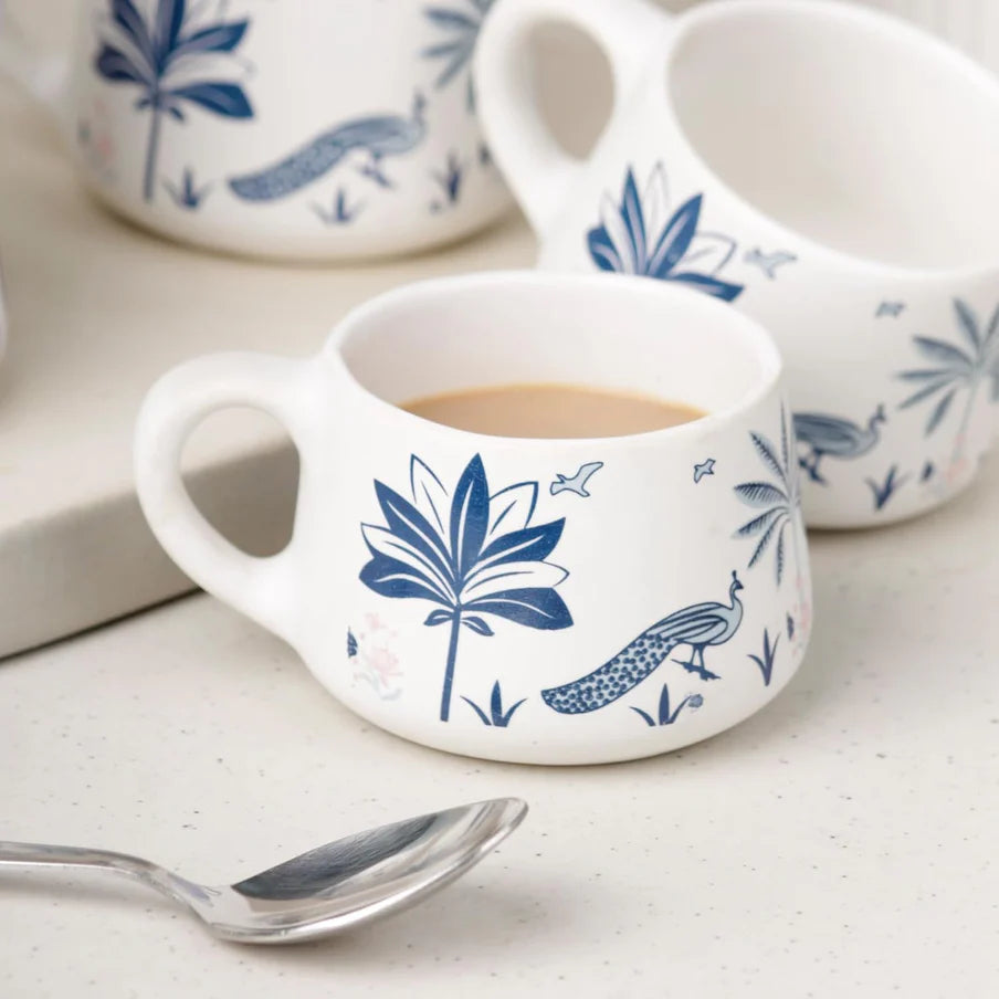 Blue Floral Design Ceramic Coffee Mugs  (Set of 6, 150ml)