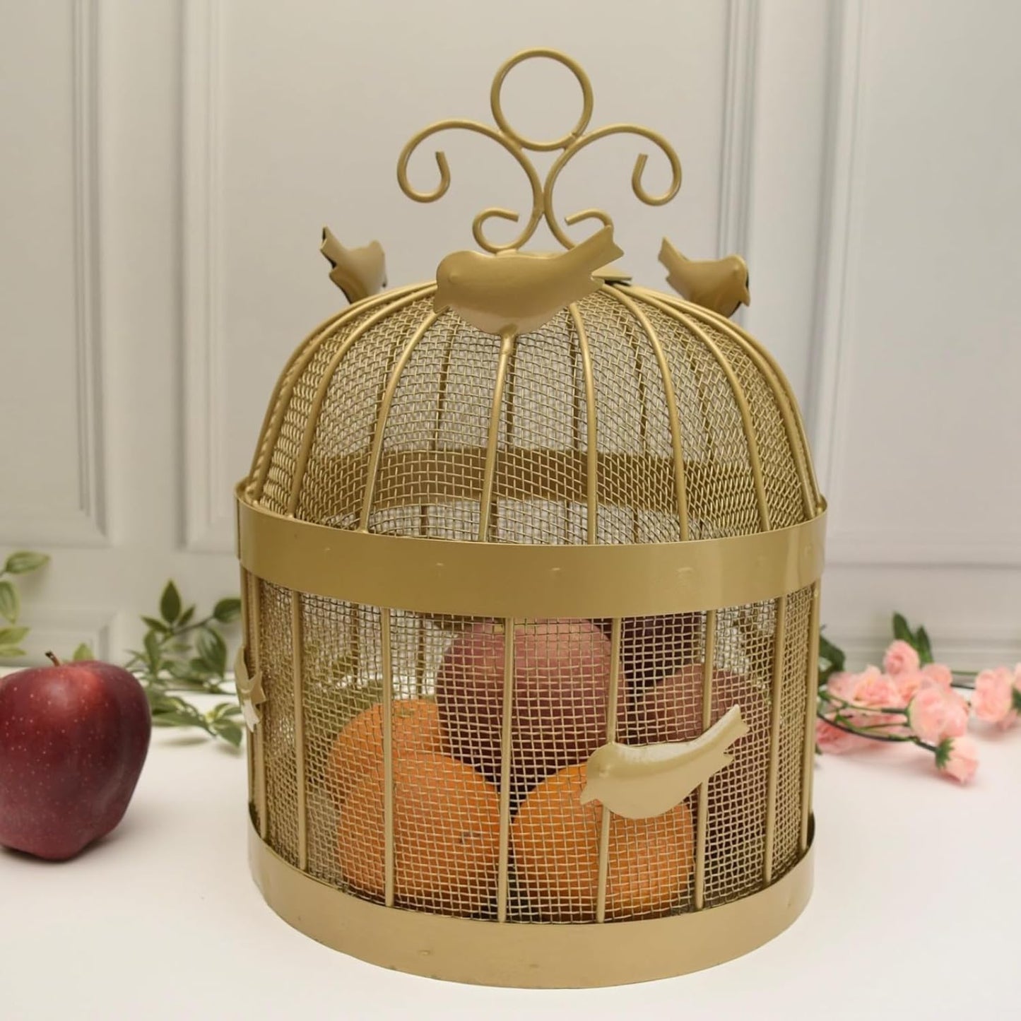 Brass Finished Metal Mesh (Jaali) Fruit Basket with  Lid Countertop Ideal for Storing Fruits, Vegetables