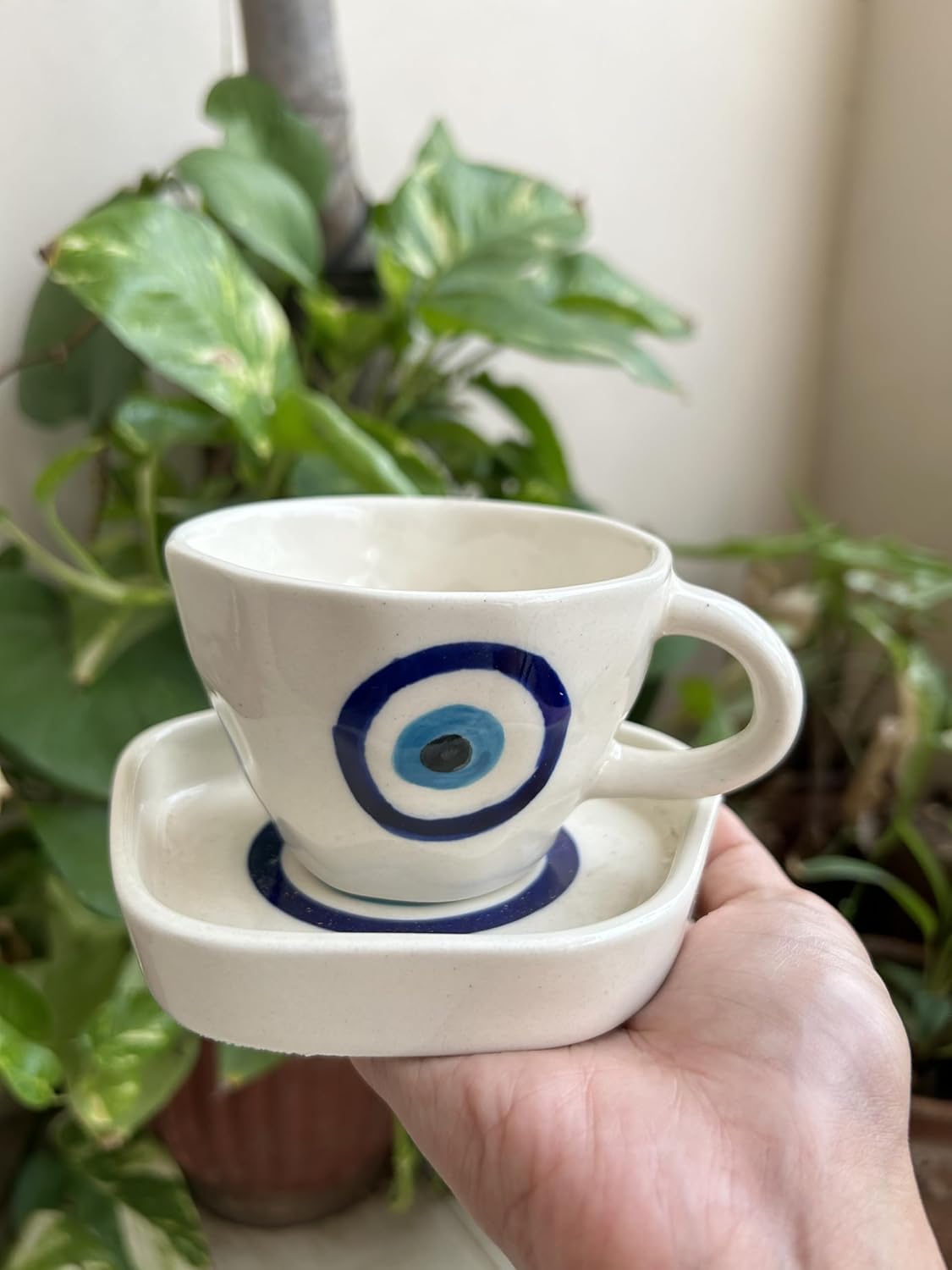 Handcrafted Ceramic Nazarbattu (Evil Eye) Cup & Saucer Set (300 ml)