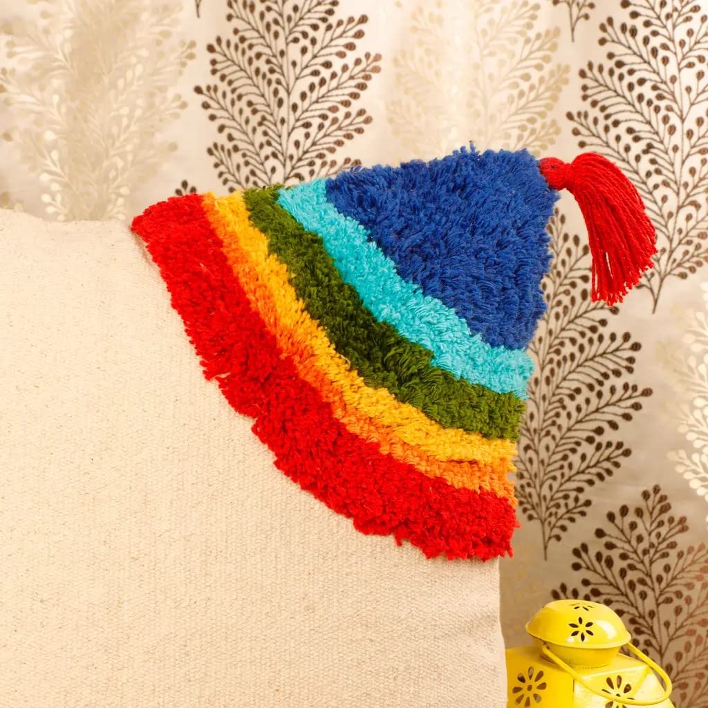 Tufted Rainbow Corner Curve Cushion Cover with Tassels – 16x16 Inch (pack of 1)