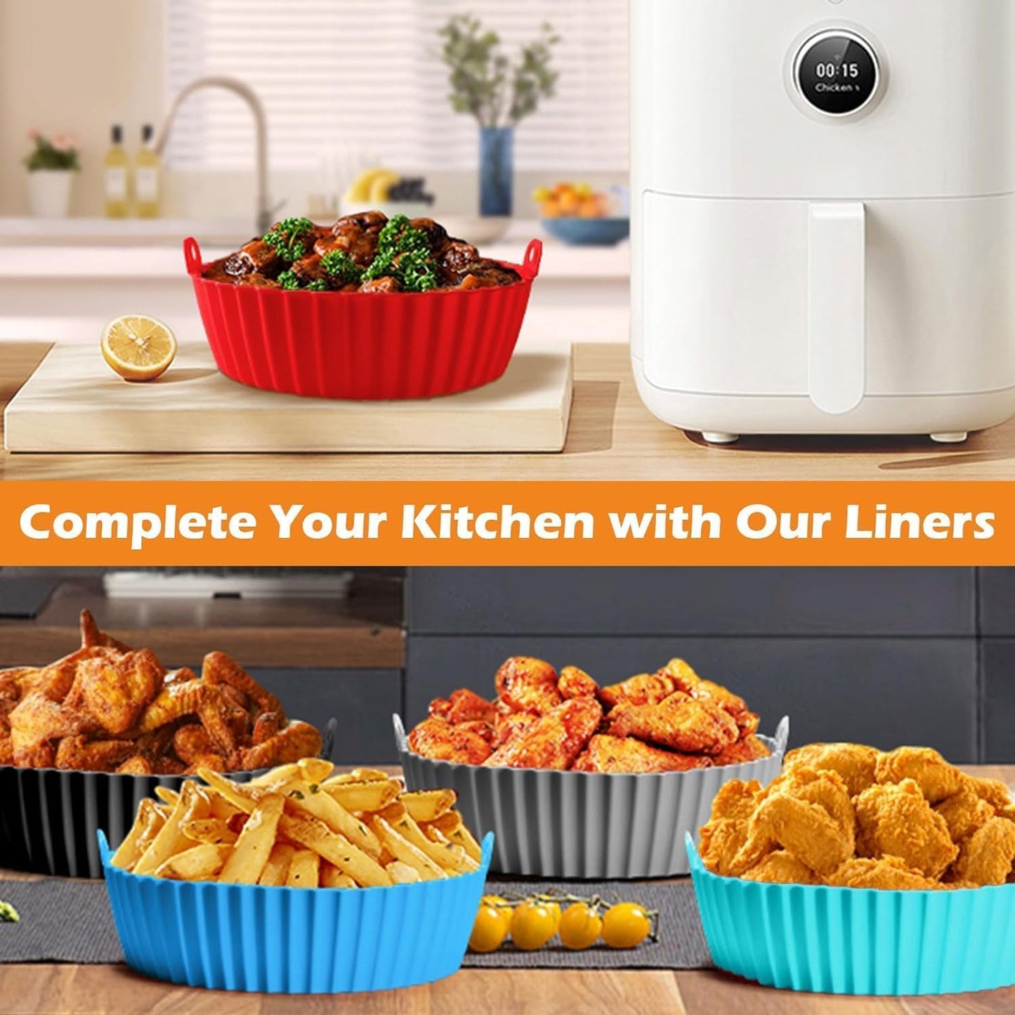 6Pcs Silicone Air Fryer Basket and Tray with Handles Non-Stick, Heat-Resistant Air Fryer Basket, Oven Accessories Round Baking Tray (Multicolor)