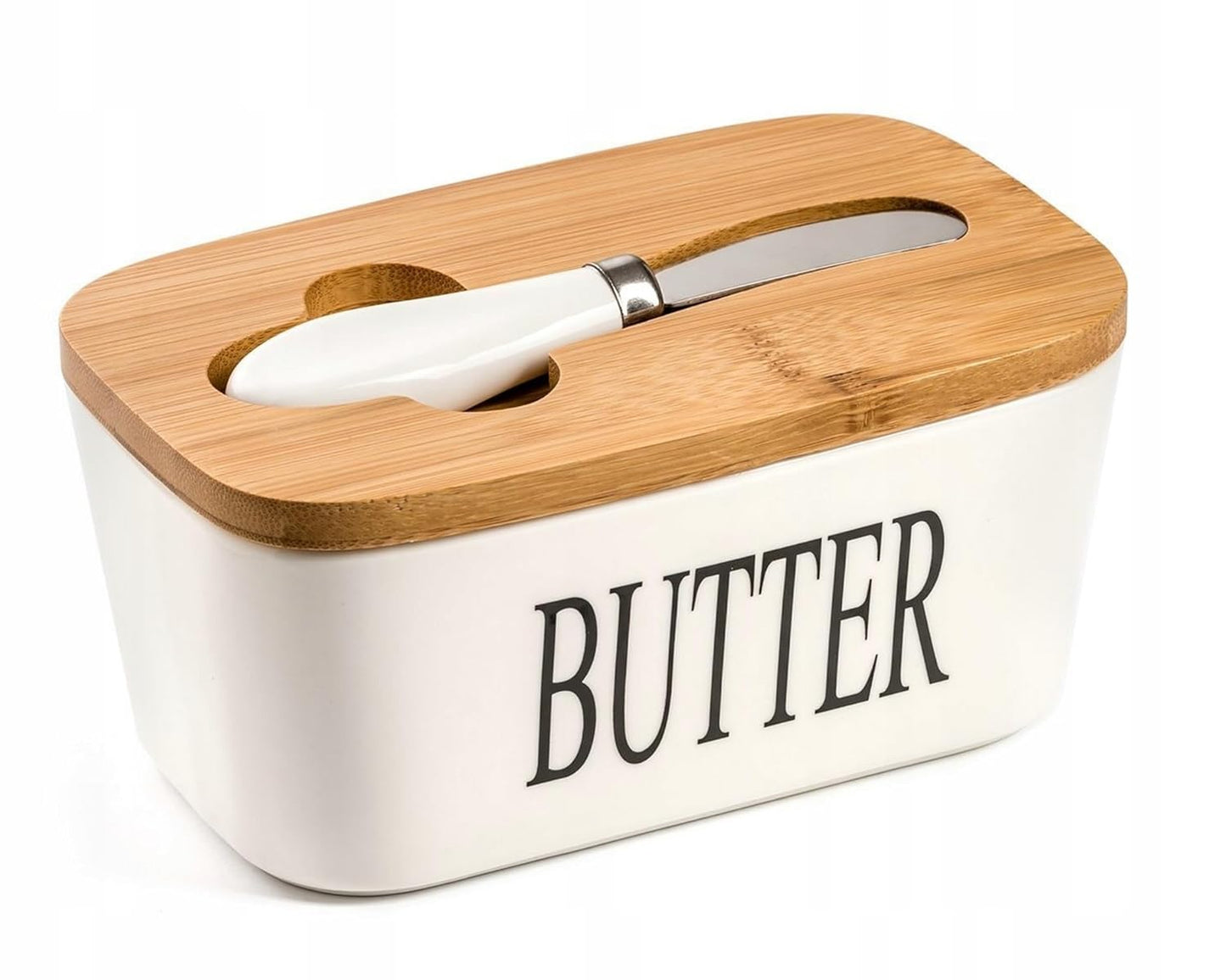 Ceramic Butter Dish with Wooden Lid with Steal Butter Knife, Bamboo Cover and Silicone Sealing Ring (White)