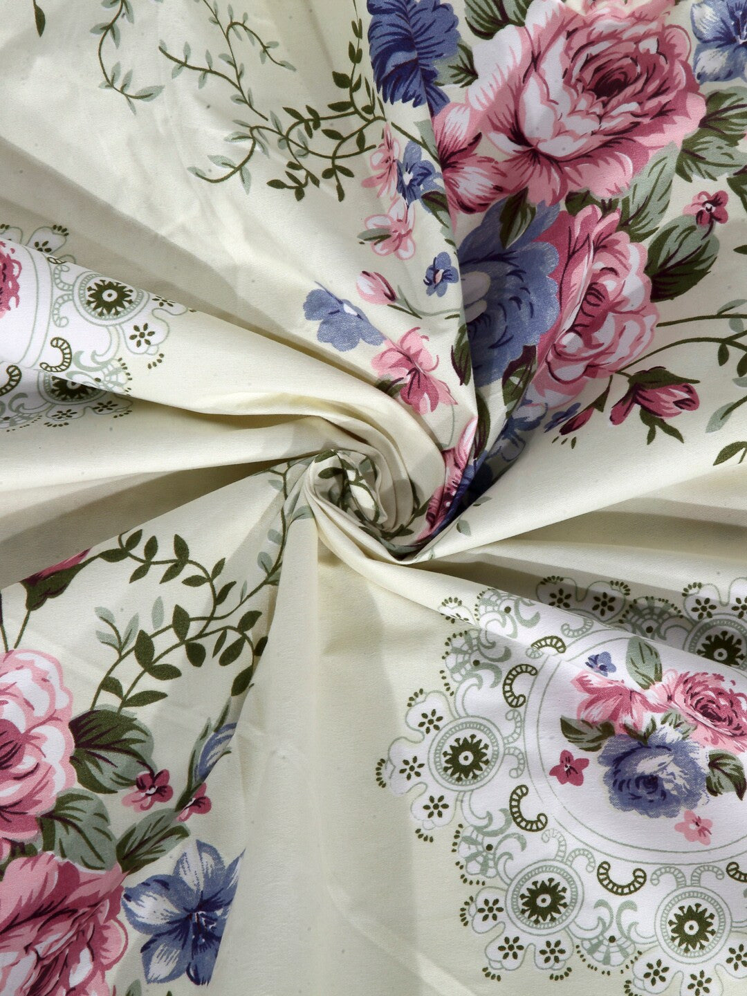 Rangloom Fabrics White Floral Polycotton 300 TC King Fine Bedsheet with 2 Pillow Covers