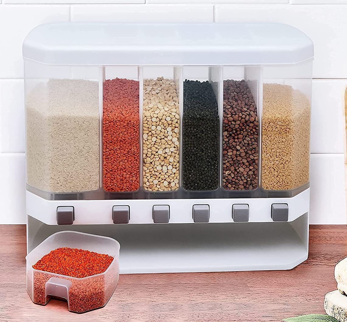 Wall Mounted Cereal Plastic Dispenser - 6 Grid Dry Food Dispenser for Kitchen Storage
