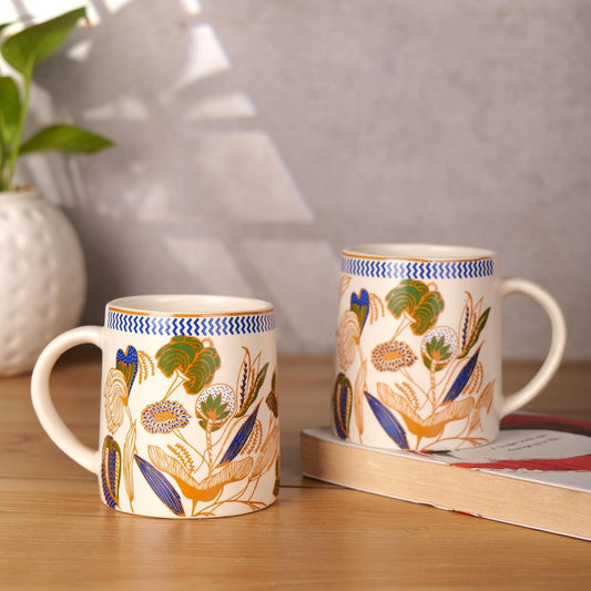 Blue Leaf Ceramic Mugs, Stylish Coffee & Tea Cups for Home, Office & Gift Sets (Set of 2, 300ML/Each)