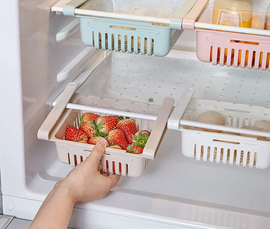 Expandable Fridge Storage Saver Rack Under Shelf Refrigerator Sliding Drawer Fruit Vegetable Egg Chocolate Organizer (4 Pieces)