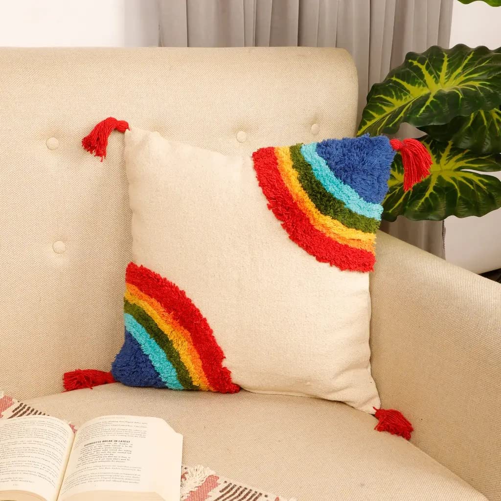 Tufted Rainbow Corner Curve Cushion Cover with Tassels – 16x16 Inch (pack of 1)