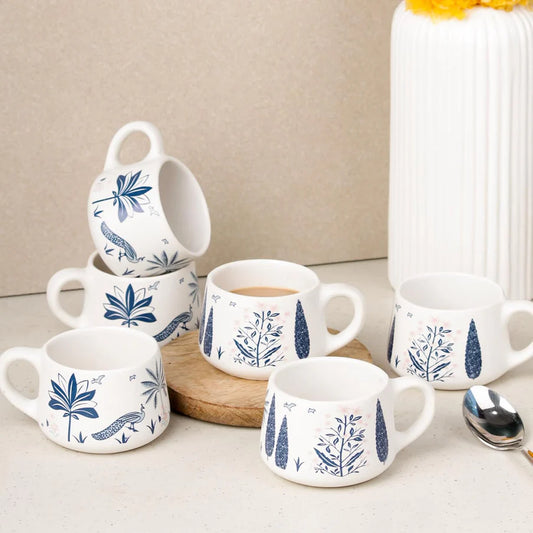 Blue Floral Design Ceramic Coffee Mugs  (Set of 6, 150ml)