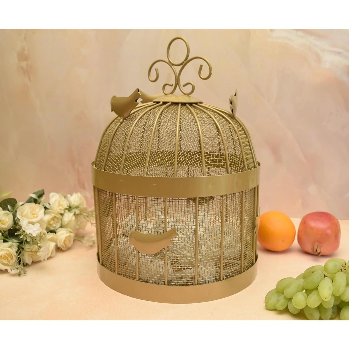 Brass Finished Metal Mesh (Jaali) Fruit Basket with  Lid Countertop Ideal for Storing Fruits, Vegetables