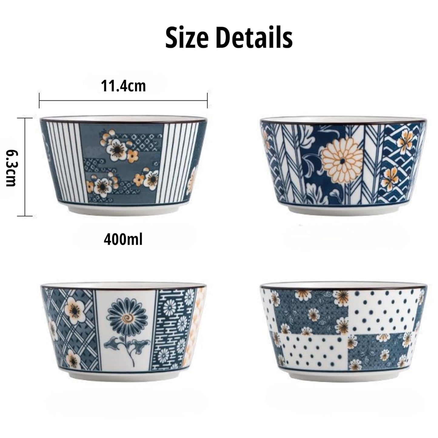 Japanese Style Ceramic Snack Bowls-400ml, Handcrafted Floral & Geometric Patterns (Pack of 4)