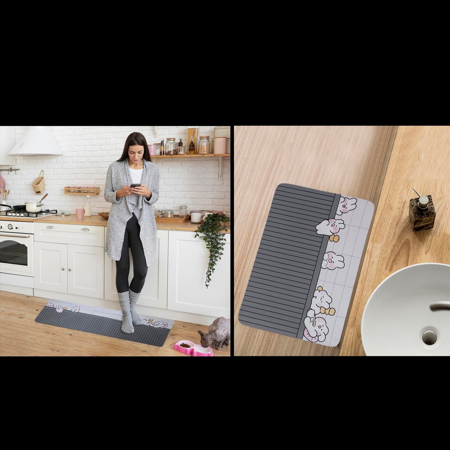 Stylish Anti-Slip Rubber Kitchen Mat – Pack of 2 (Bunnies Grey)