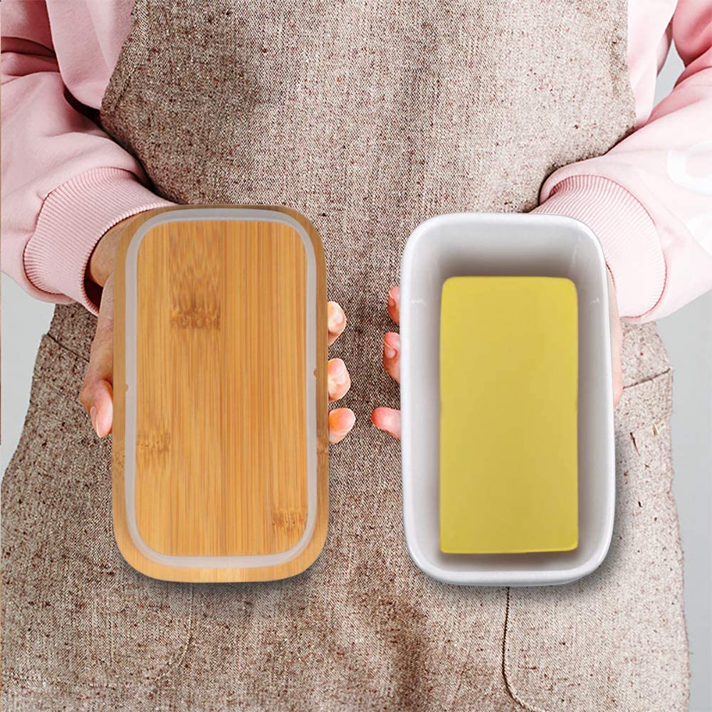 Ceramic Butter Dish with Wooden Lid with Steal Butter Knife, Bamboo Cover and Silicone Sealing Ring (White)