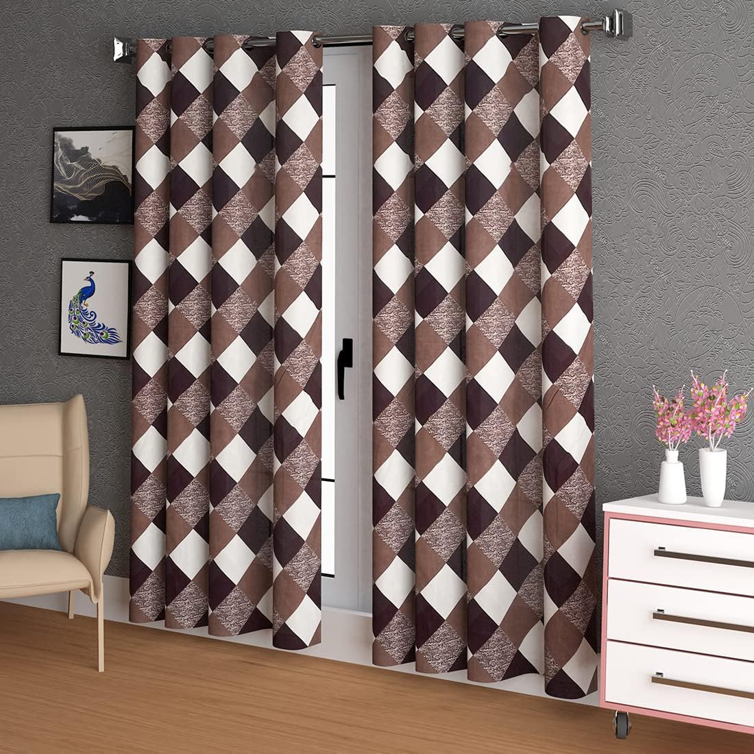 Checkered Pattern Designer Printed Curtains Pack of 2