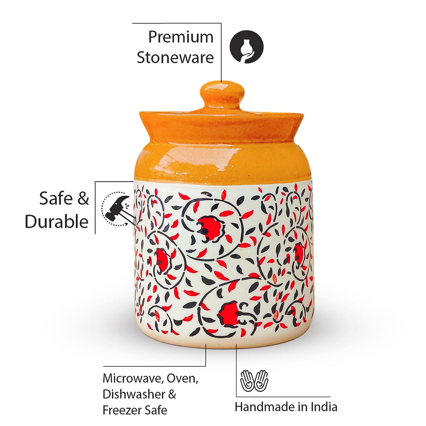 Ceramic handmade Pickle Jars in 1000ml | Hand painted Floral Pattern 1 kg Achaar Martban | Ceramic Container Set for Kitchen Storage (Pack of 2)