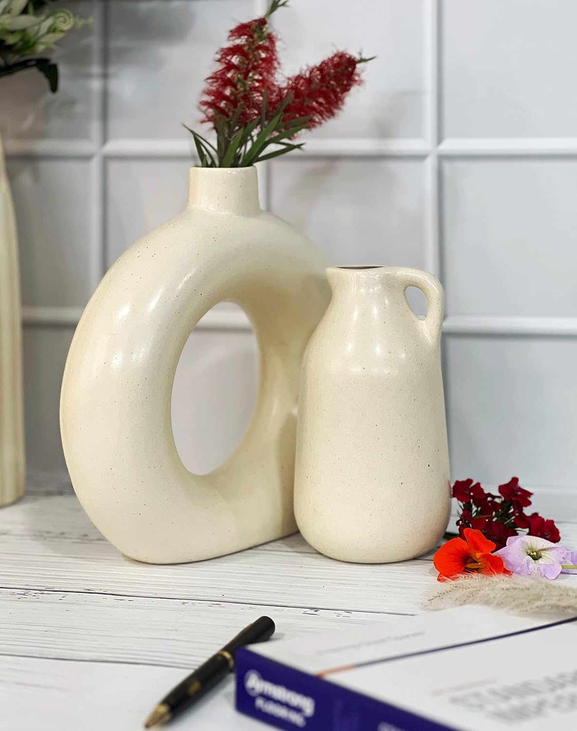 Off-White Ceramic Vase Trio – Modern Minimalist Decor Set (Set of 3)