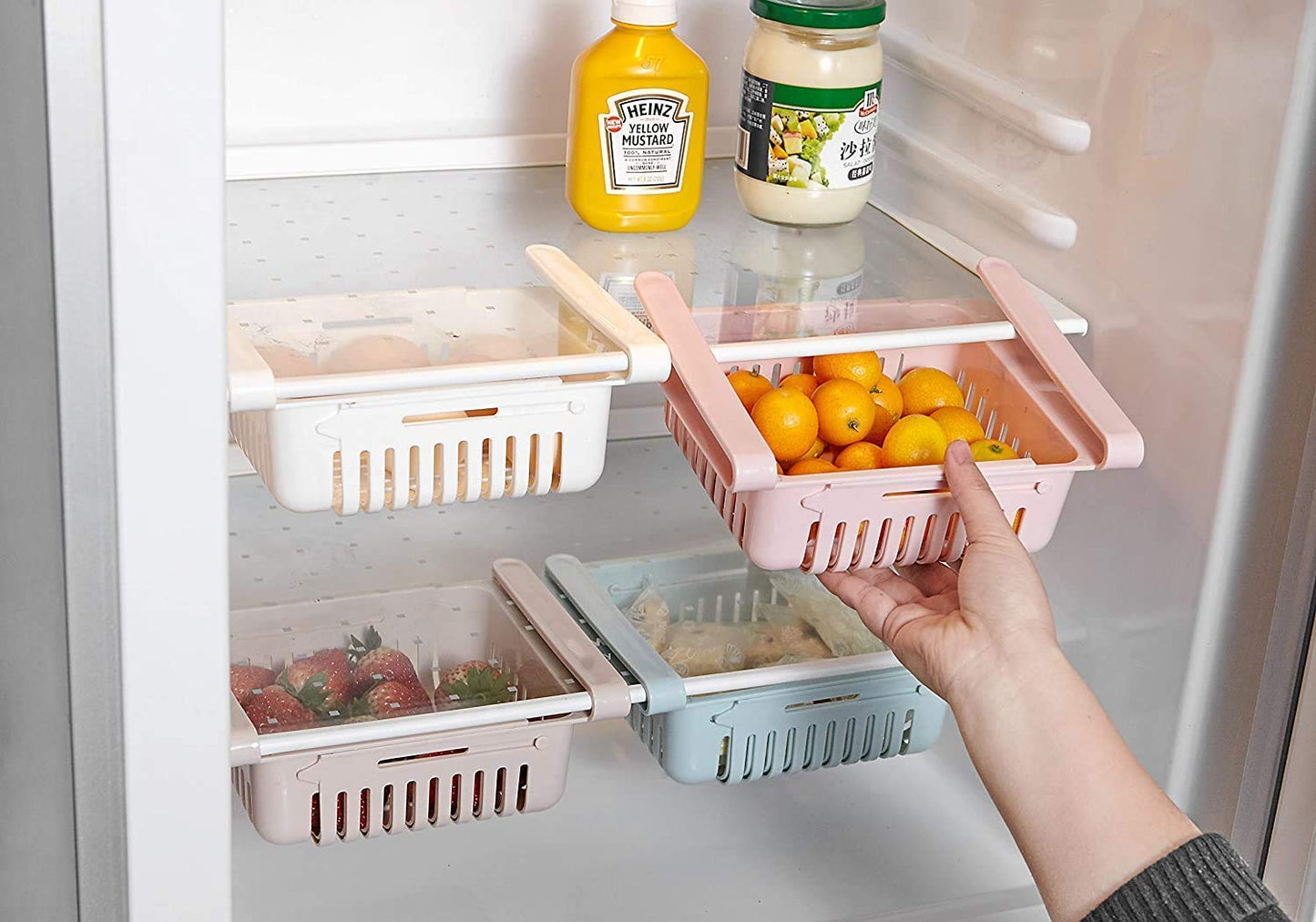 Expandable Fridge Storage Saver Rack Under Shelf Refrigerator Sliding Drawer Fruit Vegetable Egg Chocolate Organizer (4 Pieces)