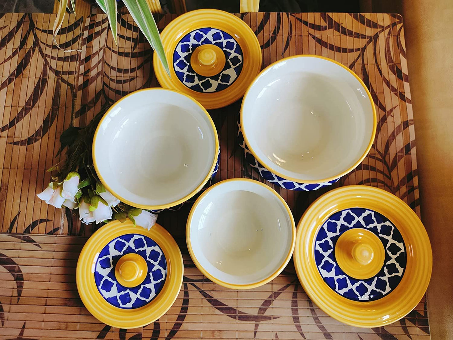 Stoneware Handmade Ceramic Handpainted Multipurpose Storage Ceramic Jars & Containers with Lid (Yellow)