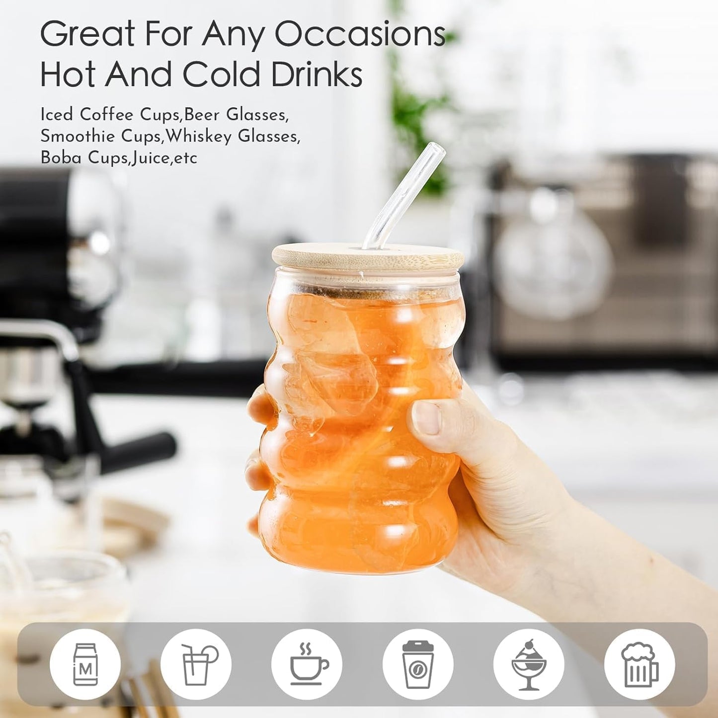 Trending Spiral Bubble Glass Tumbler with Wooden Lid & Straw – 500 ml (Pack of 2)