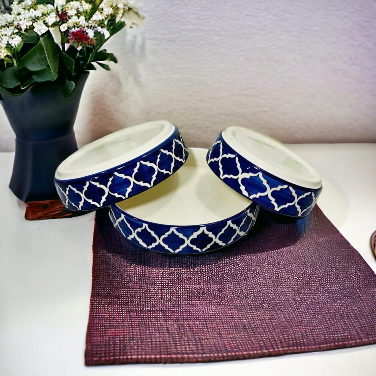 Hand-Painted Ceramic Salad Tray/Bowl - Deep Dish Bowl - Salad Plate - Serving Snacks Tray - Set Of 3