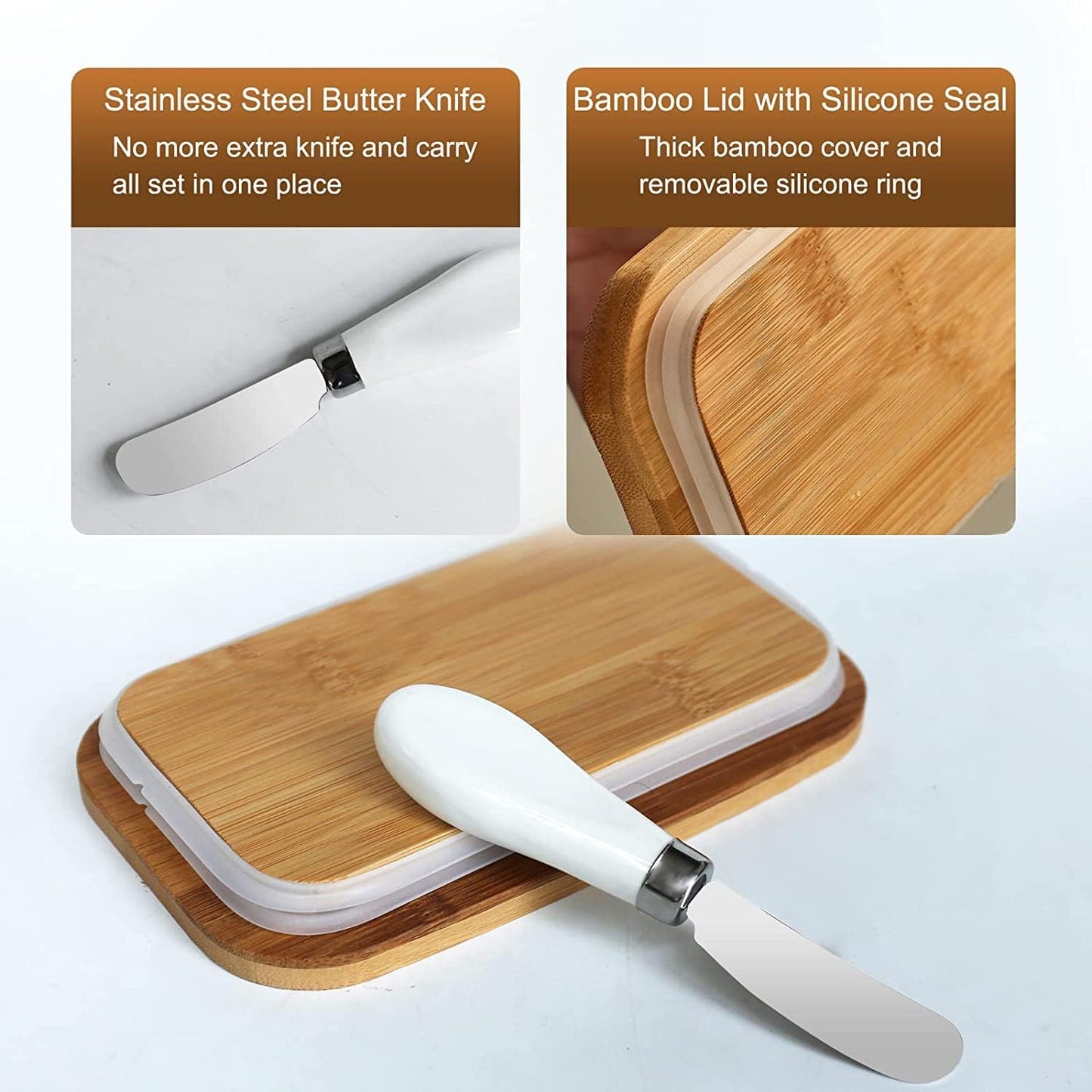 Ceramic Butter Dish with Wooden Lid with Steal Butter Knife, Bamboo Cover and Silicone Sealing Ring (White)