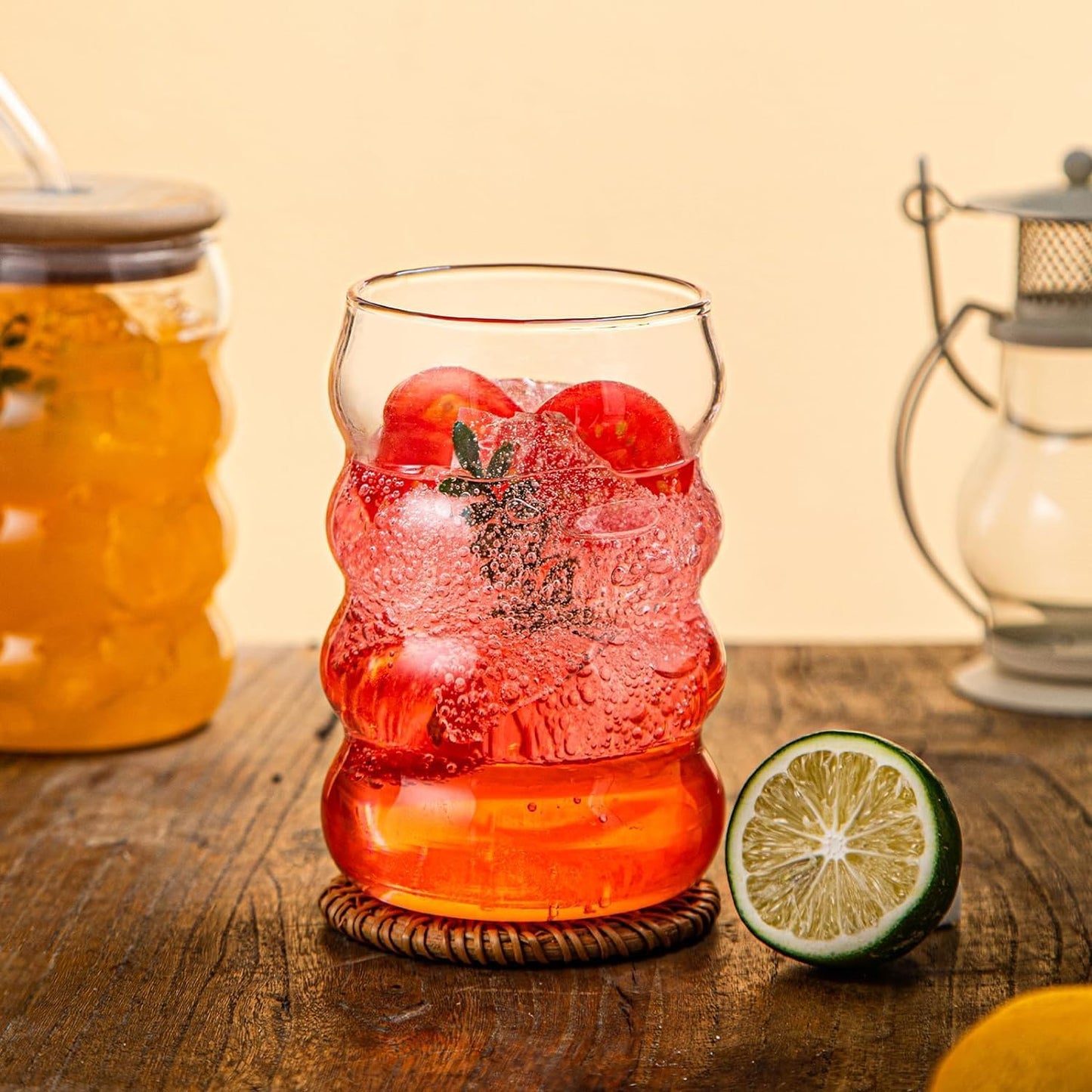 Trending Spiral Bubble Glass Tumbler with Wooden Lid & Straw – 500 ml (Pack of 2)