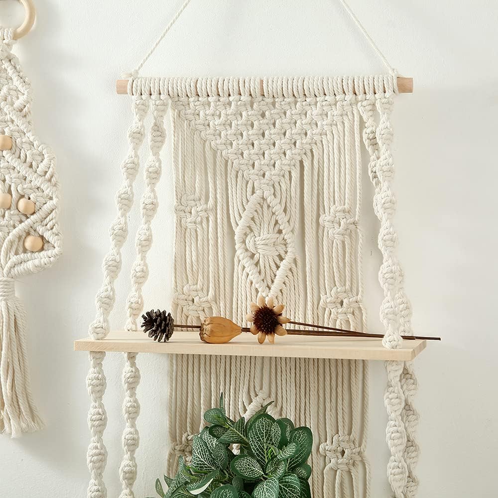 Macrame Hanging Shelf – White Wooden Wall Decor