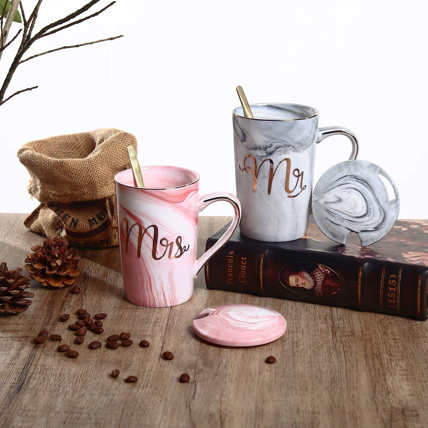 Mr. & Mrs. Ceramic Marble Finish Coffee Mug with Lid & Spoon (380 ml)